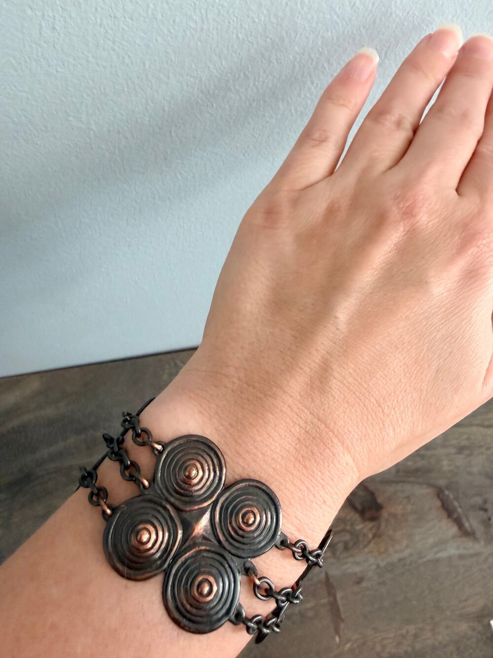 Boho Copper Tone Multi Strand Statement Bracelet Concentric Circle Disc Design